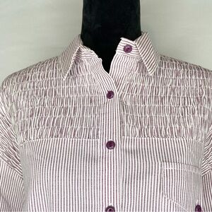Vintage Tapestry Smocked Plum & White Striped Long Sleeve Button Down Shirt